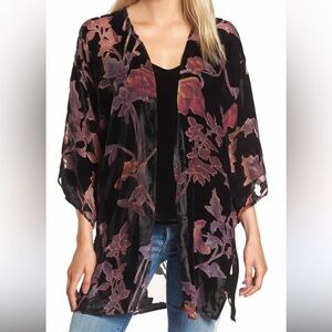 Hinge Floral and velvet burnout open kimono One Size